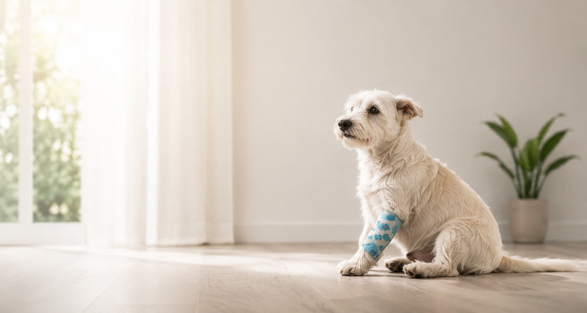 Dog recovering from leg surgery before canine hydrotherapy to improve mobility, muscle strength, joint function, and post-surgery rehabilitation.