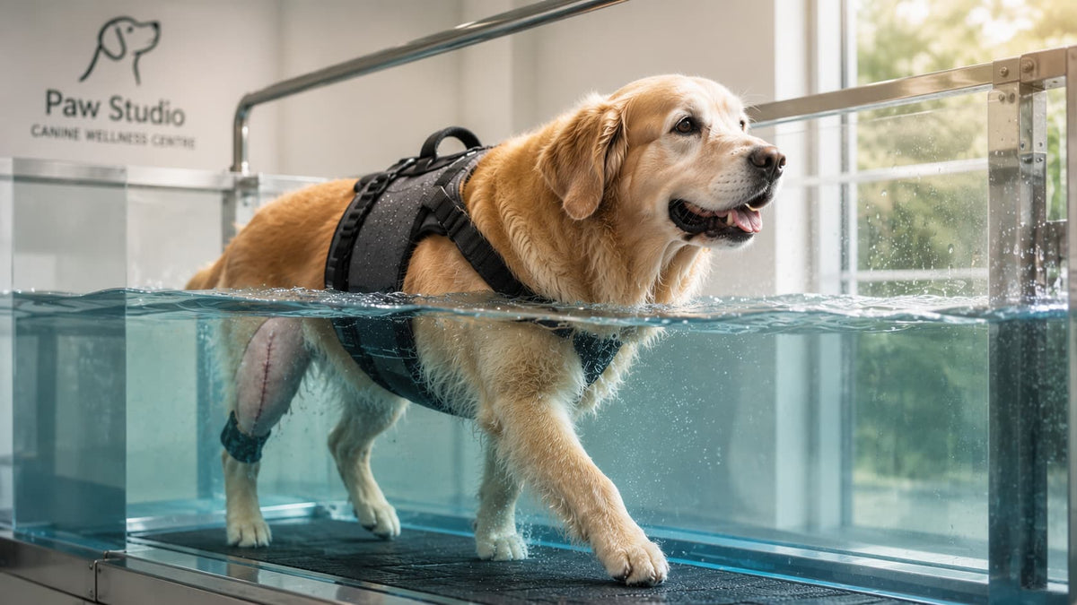 Dog with a bandaged leg recovering after surgery, highlighting the importance of rehabilitation, pain management, and gradual return to movement.