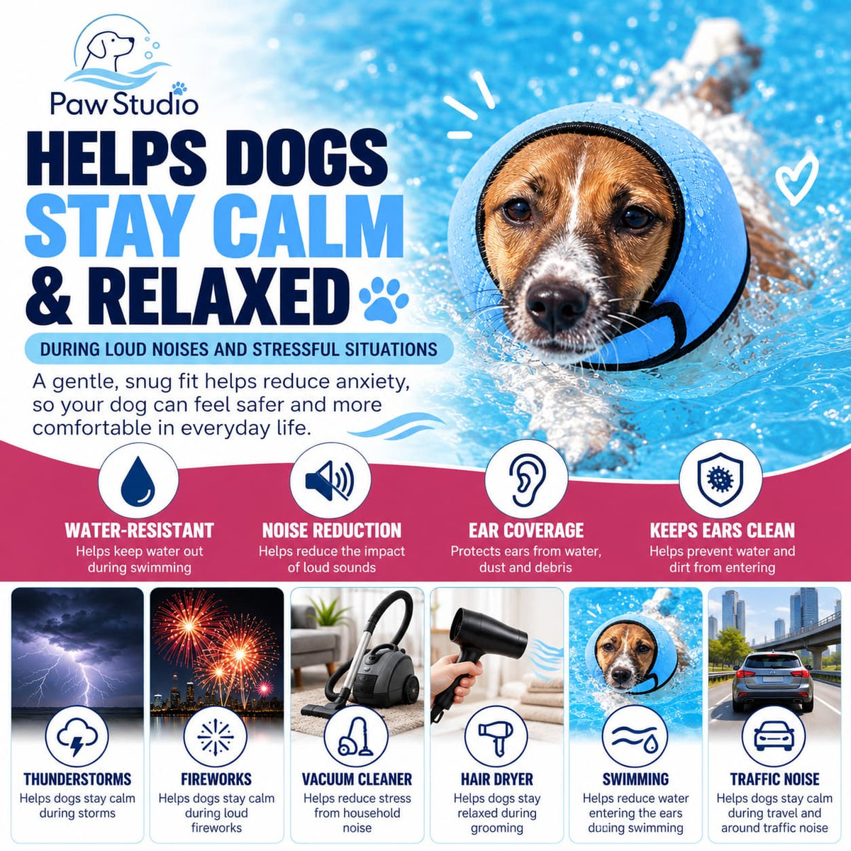 Paw Studio dog ear protection hood for swimming, grooming and everyday loud-noise situations