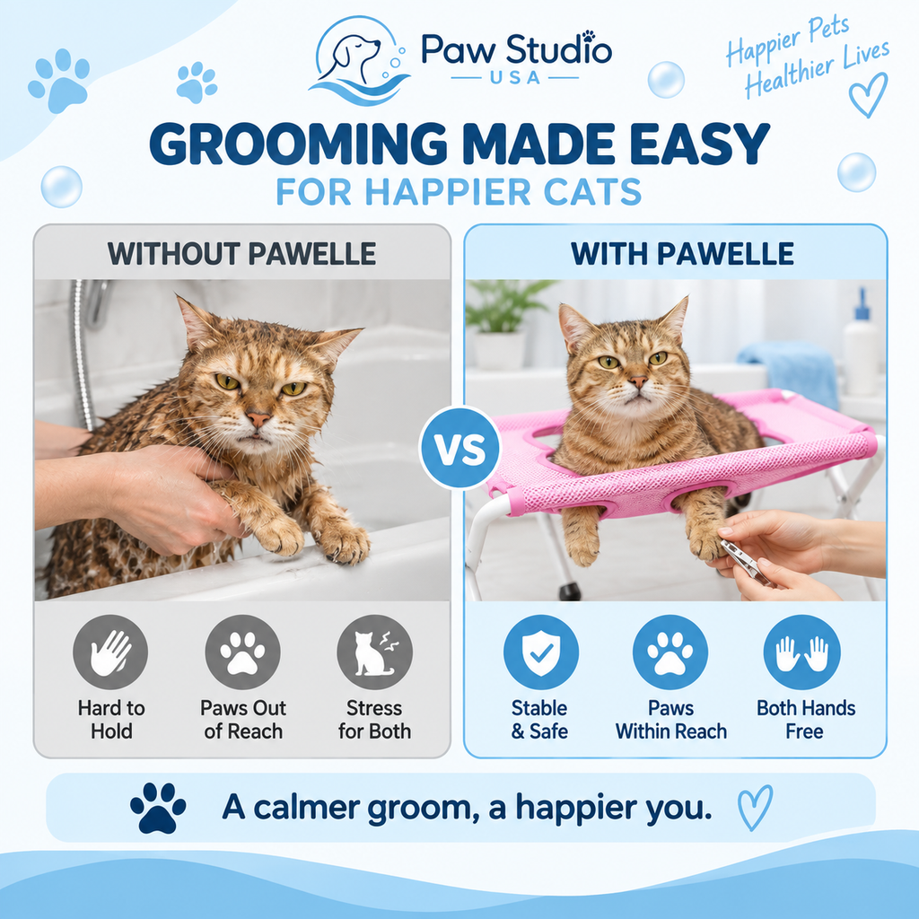 Paw Studio 貓咪美容固定支架使用比較，Grooming Hammock 讓腳掌更容易接觸，方便剪指甲及日常護理