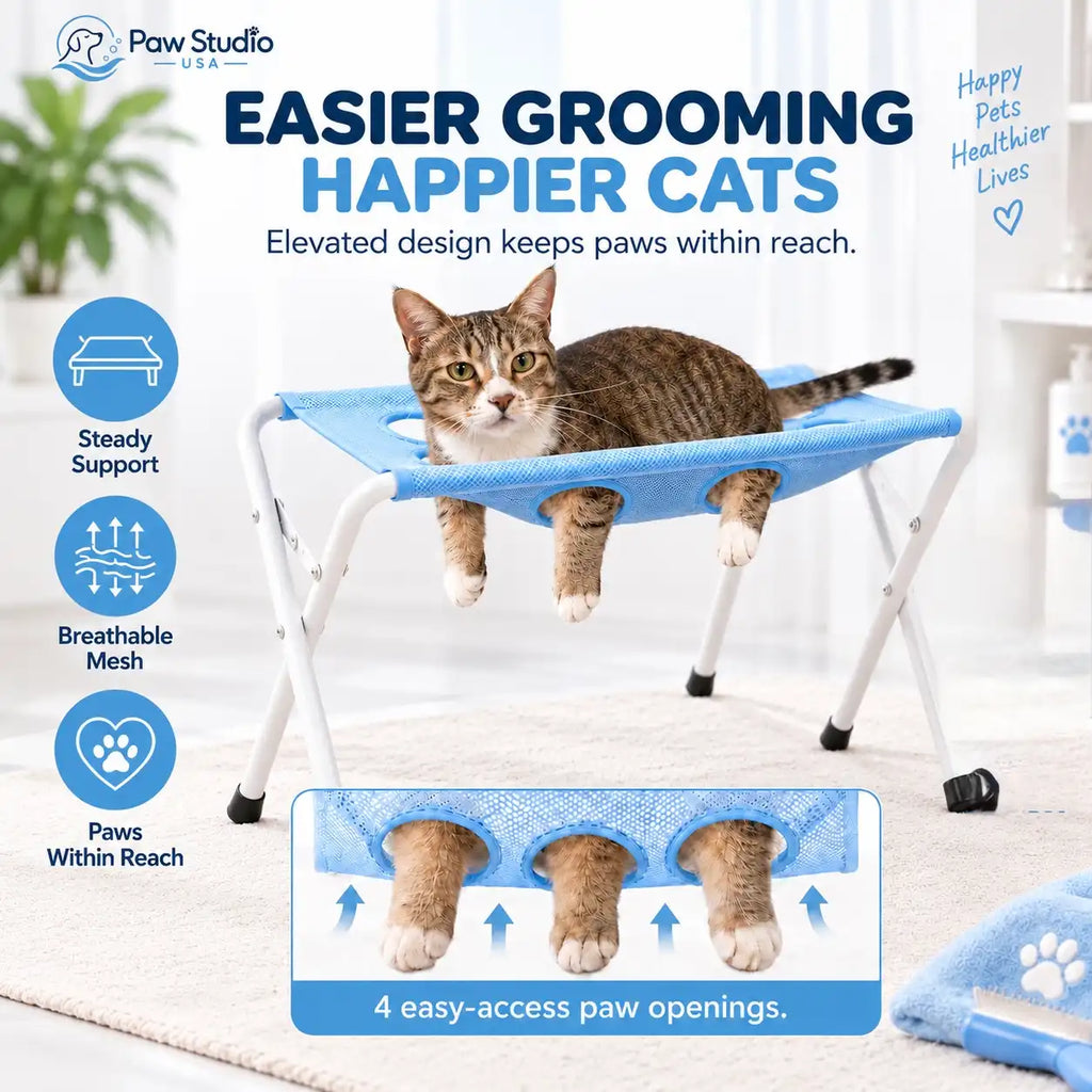 Paw Studio 藍色貓咪 Grooming Stand，透氣網布及腳掌開口設計，方便剪甲及 Paw Care