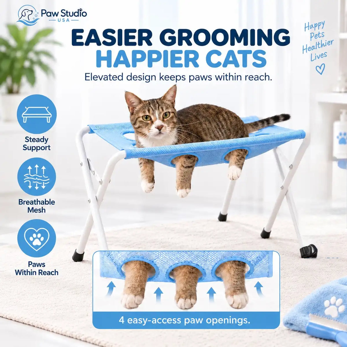 Paw Studio 藍色貓咪 Grooming Stand，透氣網布及腳掌開口設計，方便剪甲及 Paw Care