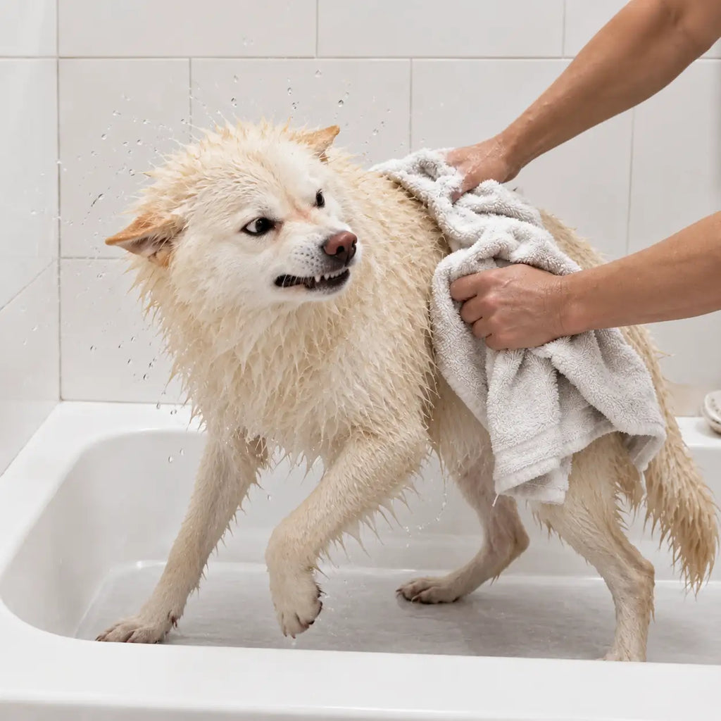 狗狗洗澡後毛髮濕透正在用毛巾抹乾，Paw Studio 寵物沖涼後吹毛及 drying grooming 使用情境