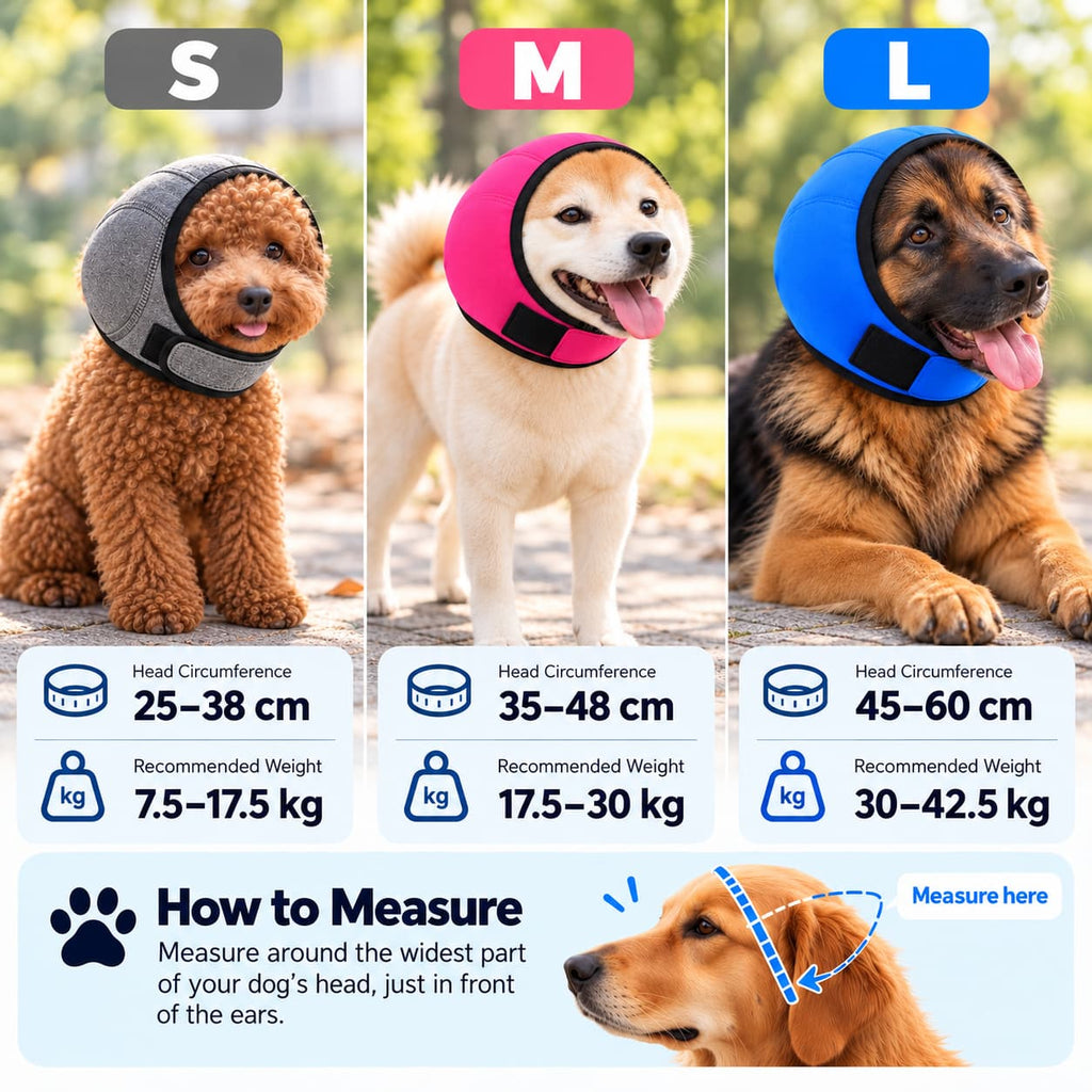 Paw Studio dog ear protection hood size guide showing S, M and L sizes, head circumference, recommended weight and how to measure a dog’s head