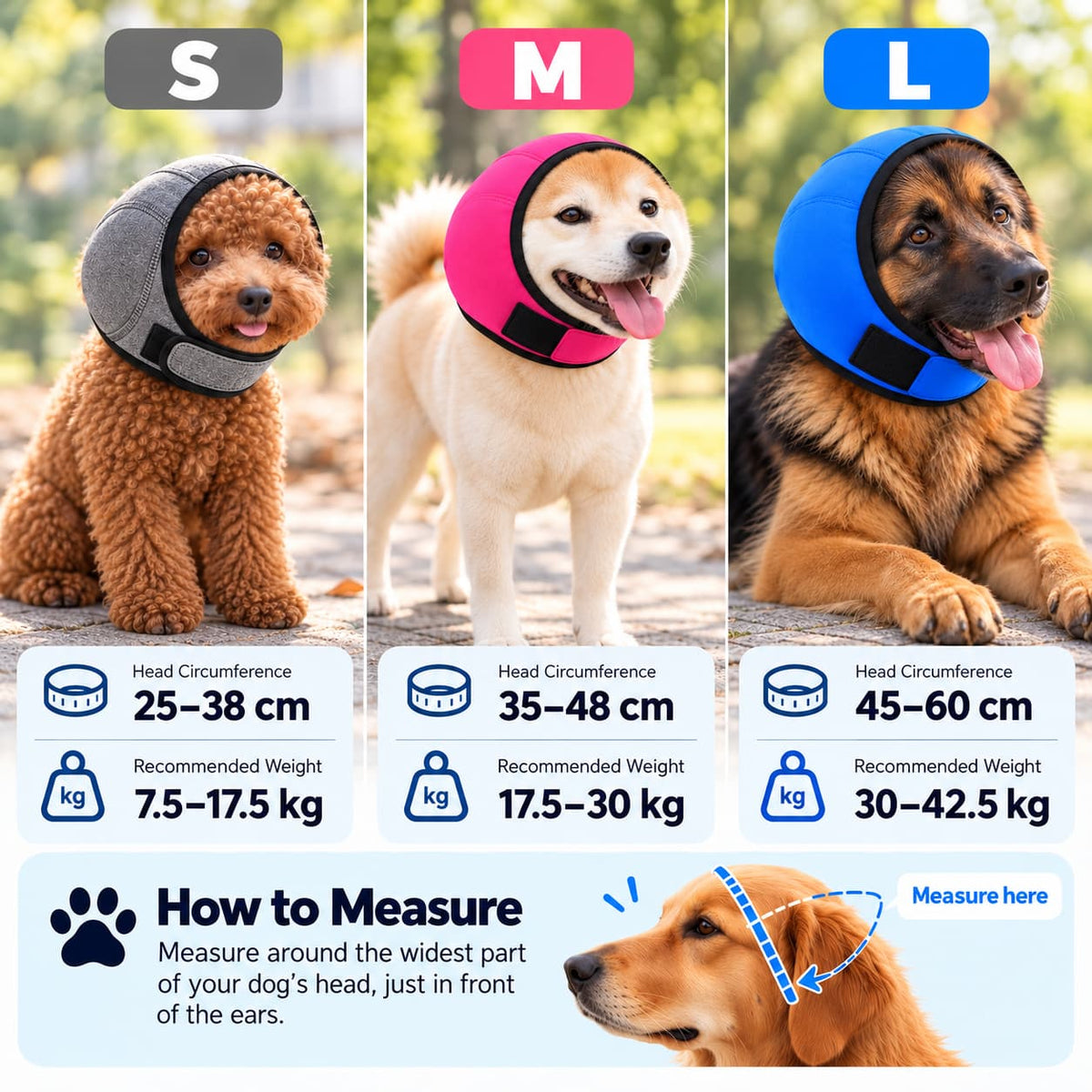 Paw Studio dog ear protection hood size guide showing S, M and L sizes, head circumference, recommended weight and how to measure a dog’s head