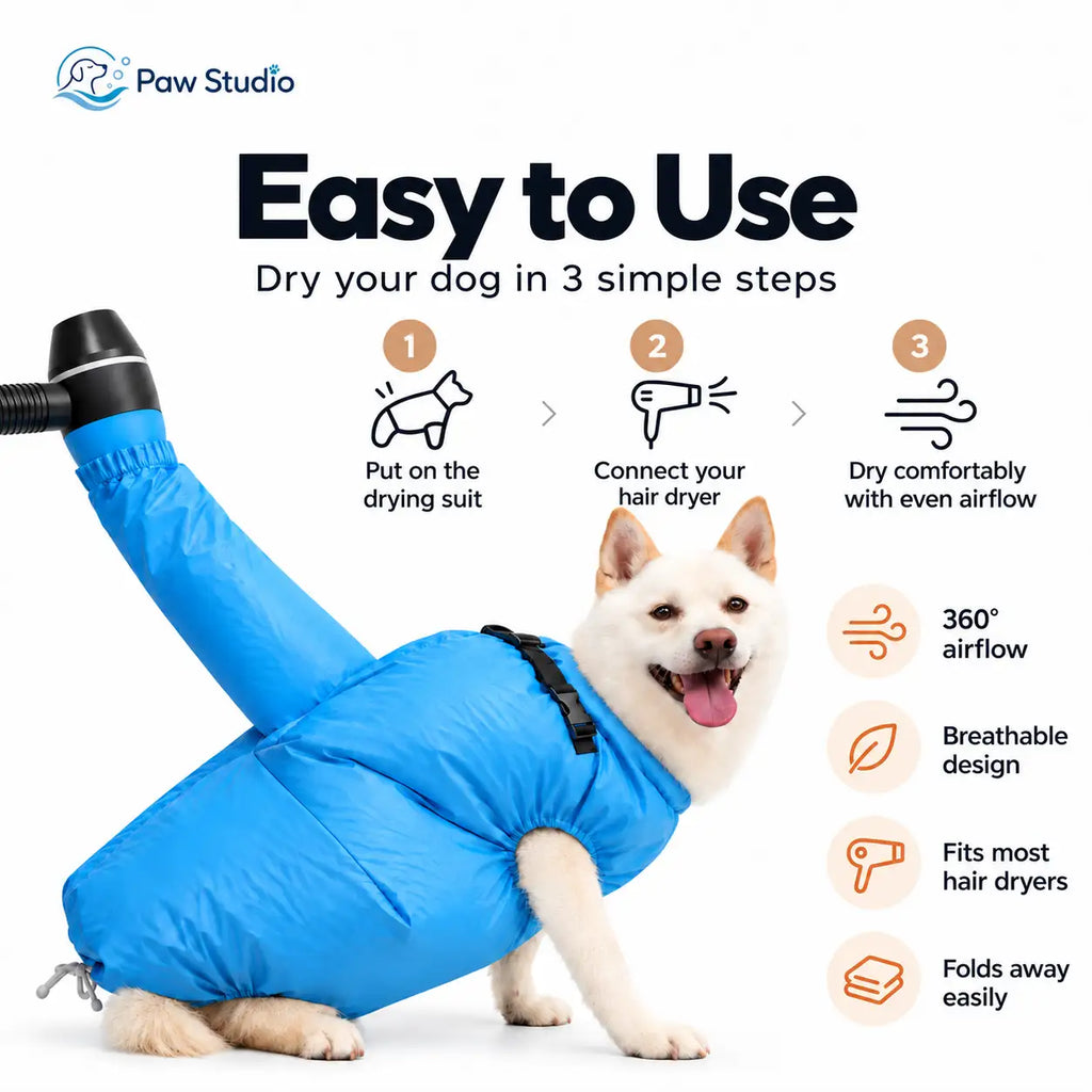 Paw Studio 狗狗吹毛烘乾衣使用方法，穿上 drying suit、連接風筒並以均勻氣流吹乾狗狗毛髮