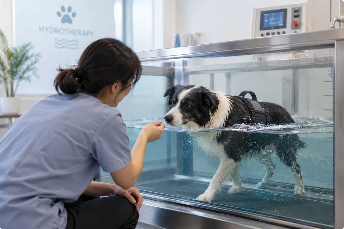 香港 Paw Studio 狗狗水療，邊境牧羊犬在專人陪伴下使用水底跑步機進行低衝擊水中運動