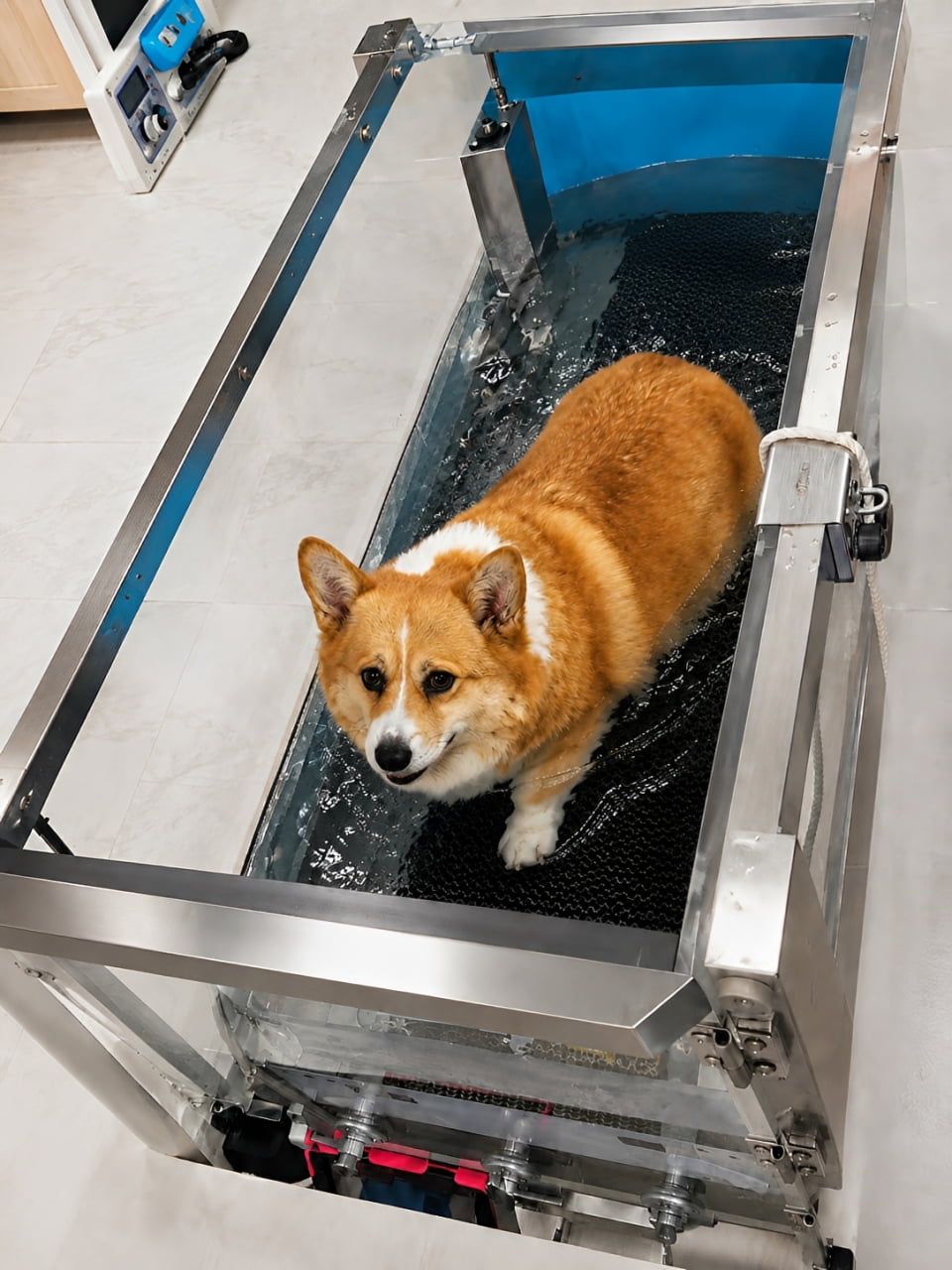 香港 Paw Studio 狗狗體重管理，體重偏高的哥基犬使用水底跑步機進行低衝擊運動，透過調整水位及速度循序增加活動量